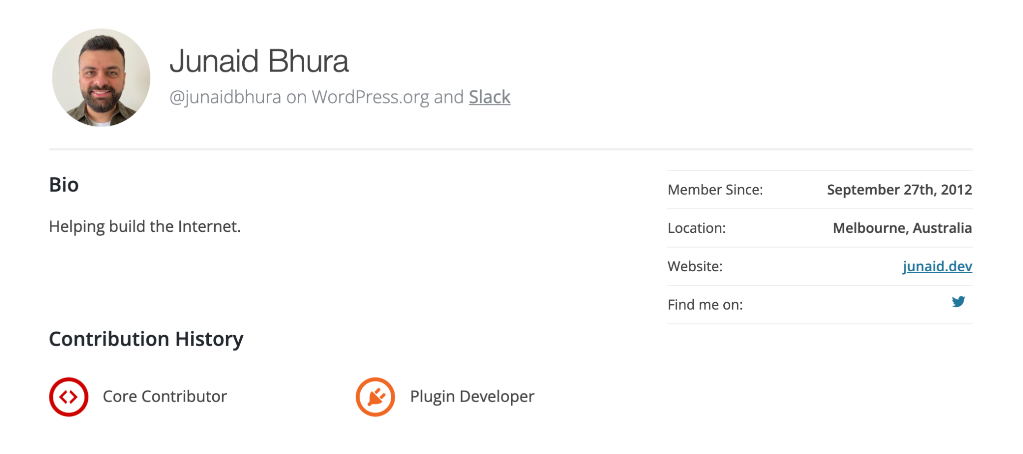Junaid's WordPress profile with shiny "Core Contributor" badge.